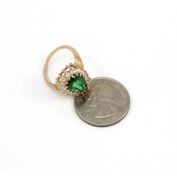 Solid 10K Yellow Gold Pear Cut Green Spinel Clear Round CZ Halo Cocktail Ring 6